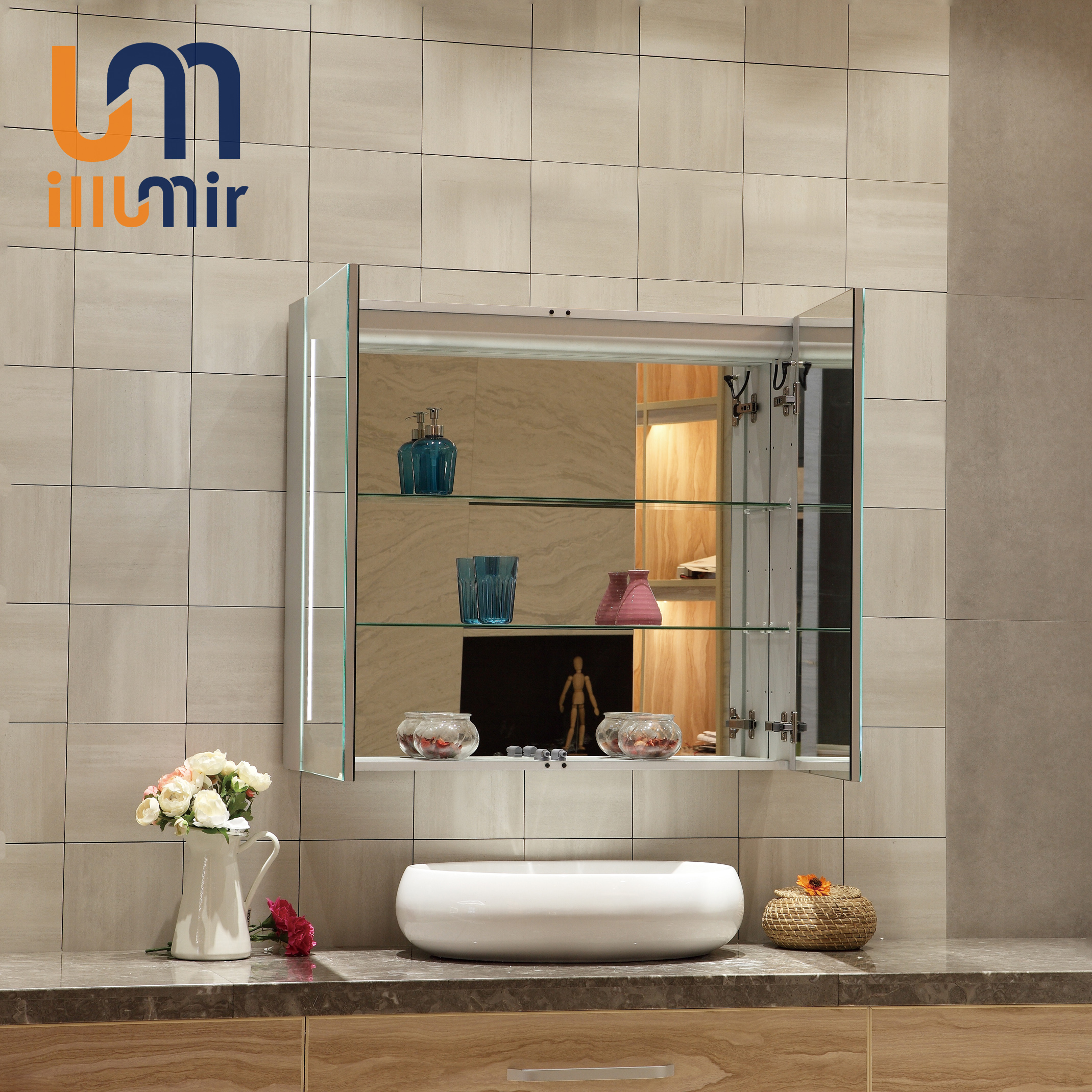Aluminium LED Light Wall Decor Bathroom Mirror Cabinet with Touch Sensor and LED Clock