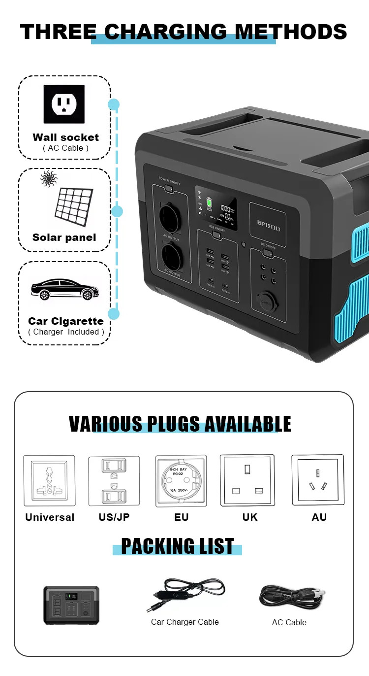 1500W 1380Wh Portable Emergency Power Supply Battery Pure Sine Wave