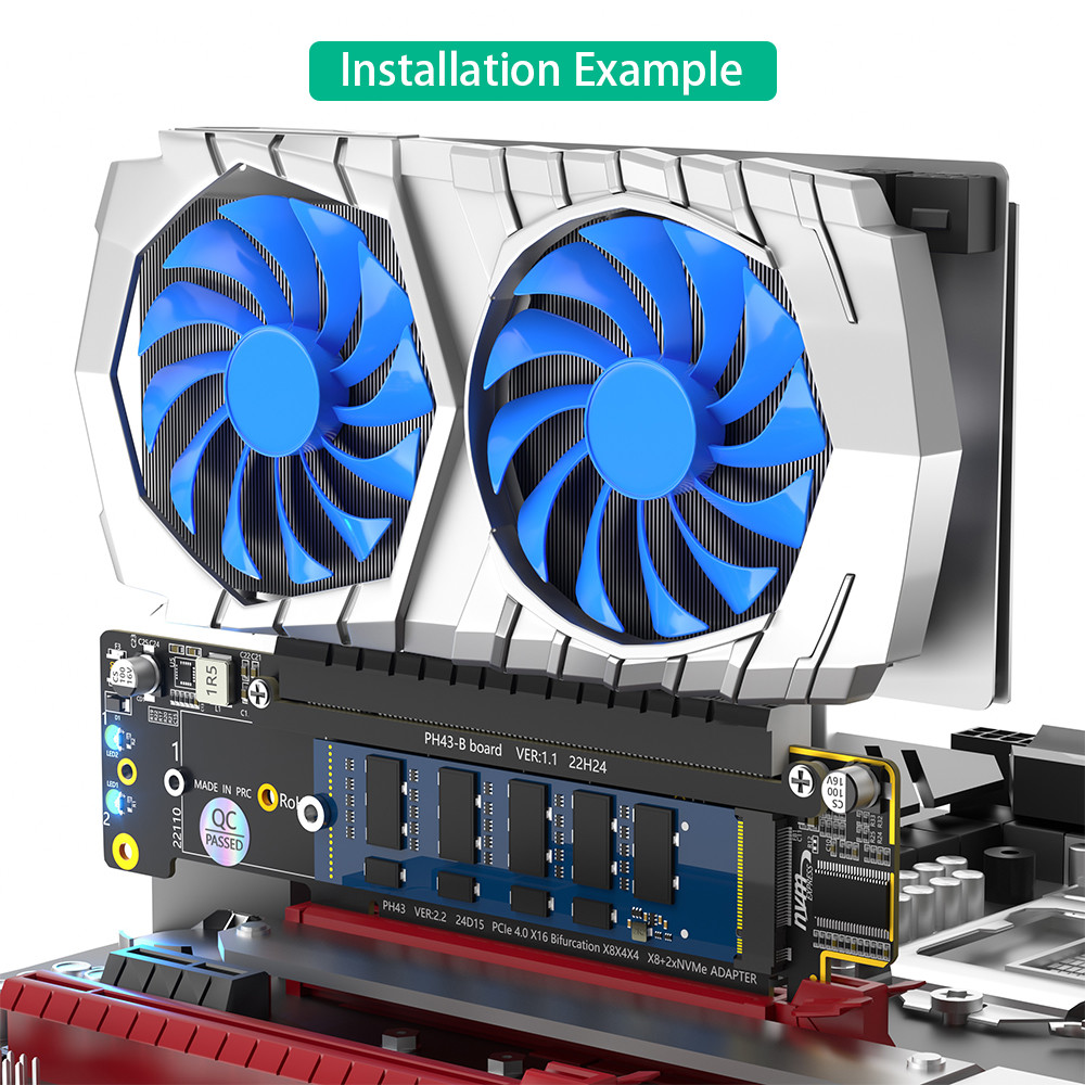 Dual NVMe PCIe Adapter PCIe 4.0 X16 to Dual NVMe and 1x More PCIe x16 Adapter for M.2 NVMe SSD