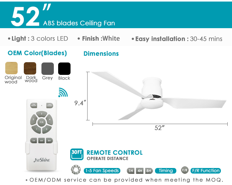 Modern 5 Speed Choice LED Ceiling Fan with Low Profile Design and White Plastic Blades