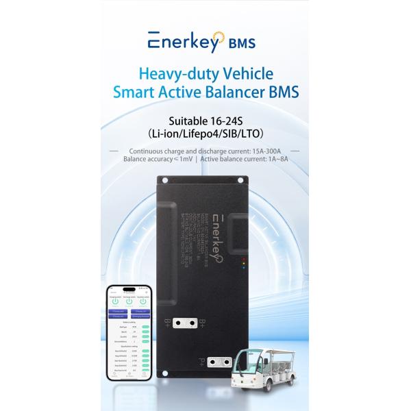 Enerkey 16S-24S 250A Lifepo4 BMS with 8A Active Balancer and BT/CAN Bus/RS485 for Li-ion/LTO/SIB Battery Power Cabinet