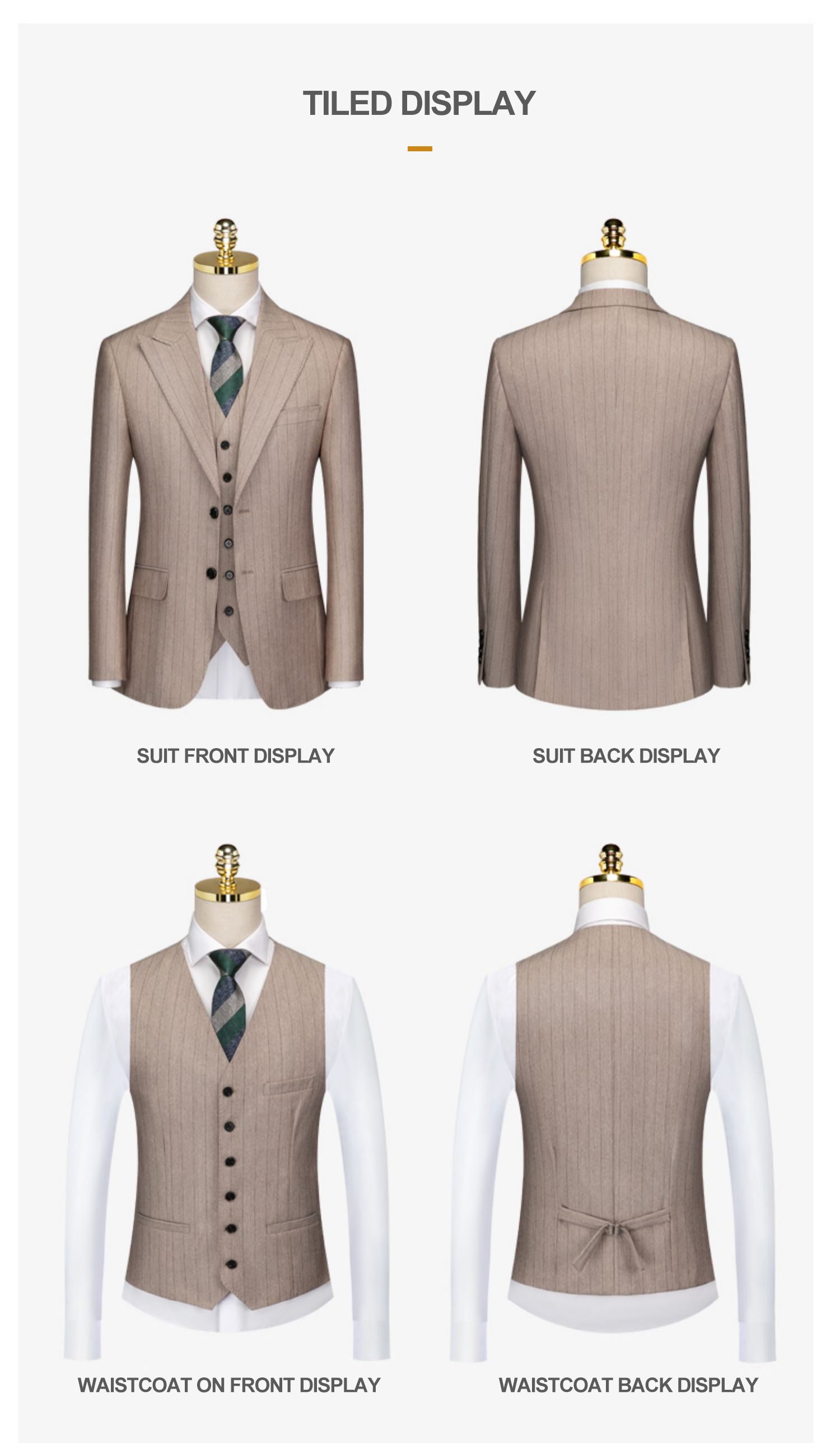 Men's Business Casual Formal Suit Custom Brown Striped Slim Fit with Mandarin Collar