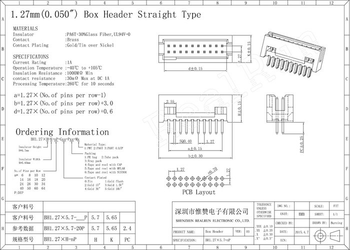20 Pin Box Header Connector Straight Pcb Connectors Wire To Board 1.27mm
