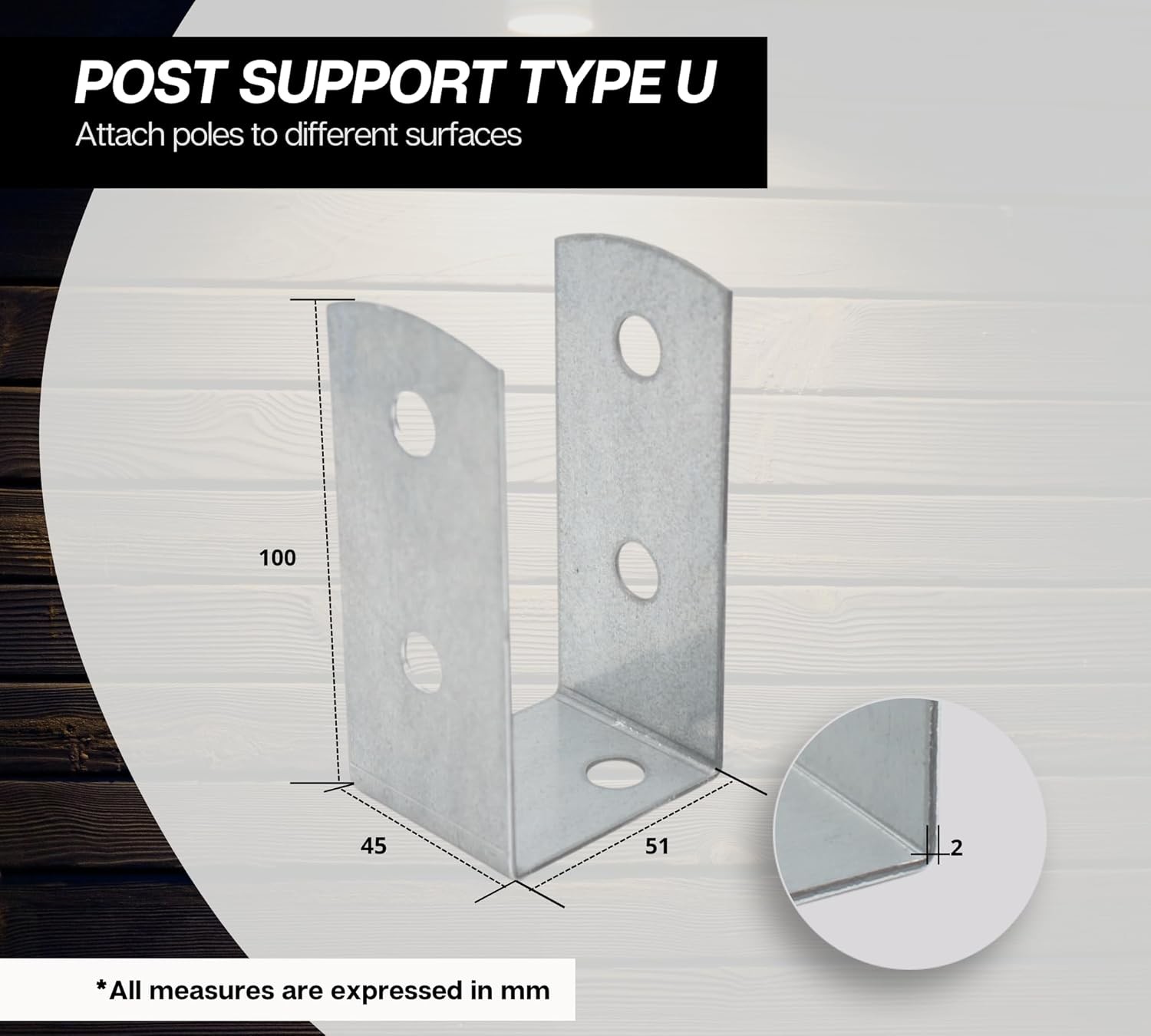 Wooden U Post Brackets 4Pcs Thickness 2Mm Galvanised Zinc For Wall Anchorings