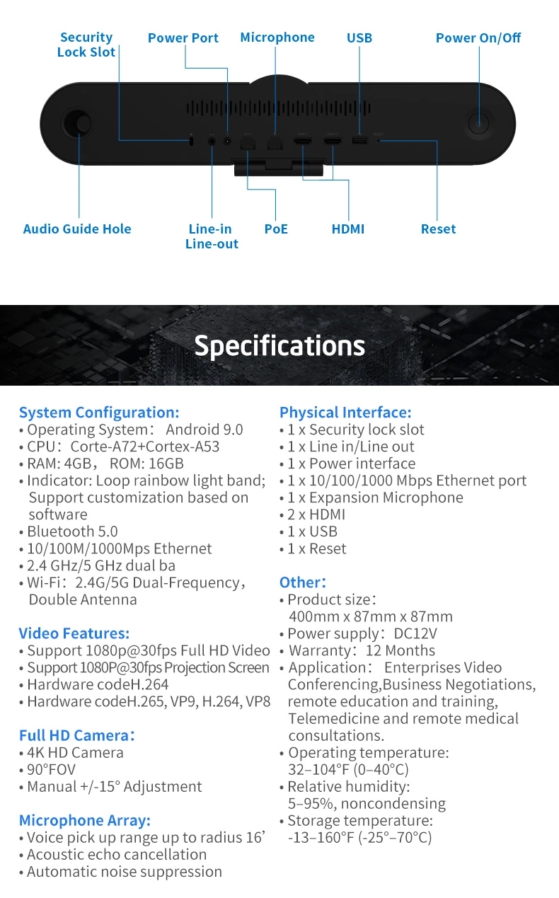 Android 9.0 Video Connference Endpoint With 4k Camera And Uudio For Meeting Room 90 Degree Wide Angle With Microphone