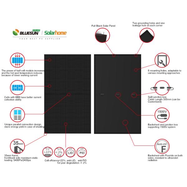 Bleusun 370w Solar Panel Half Cell 375w 380w 120cell Full Black Solar Panel Stock in US Long Beach Warehouse With UL