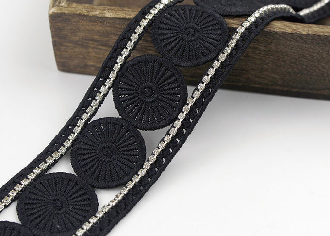 Custom Ribbon Black Embroidered Lace Trim With Rhinestone / Embroidered Bridal Lace