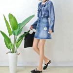 Fashion Ruffle Tie Denim Blouses And Tops , Women's Denim Shirts Long Sleeve