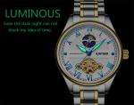 Brand KINYUED automatic skeleton watch gold dial moon phase tourbillon mens