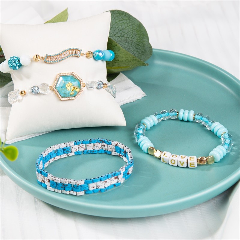 Half White Half Blue Crystal Beads Stretchy Bracelet Stackable Handmade Dainty