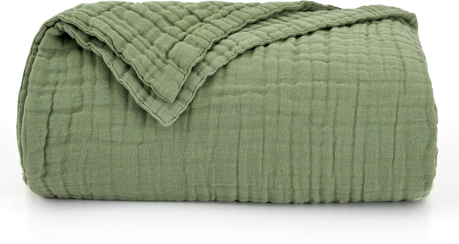 Breathable Layered Gauze Blanket Olive Green With Bohemian Style