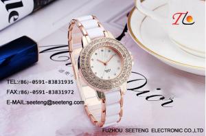 China Ladies watch white bracelet metal band and double circle diamond inset case wholesale