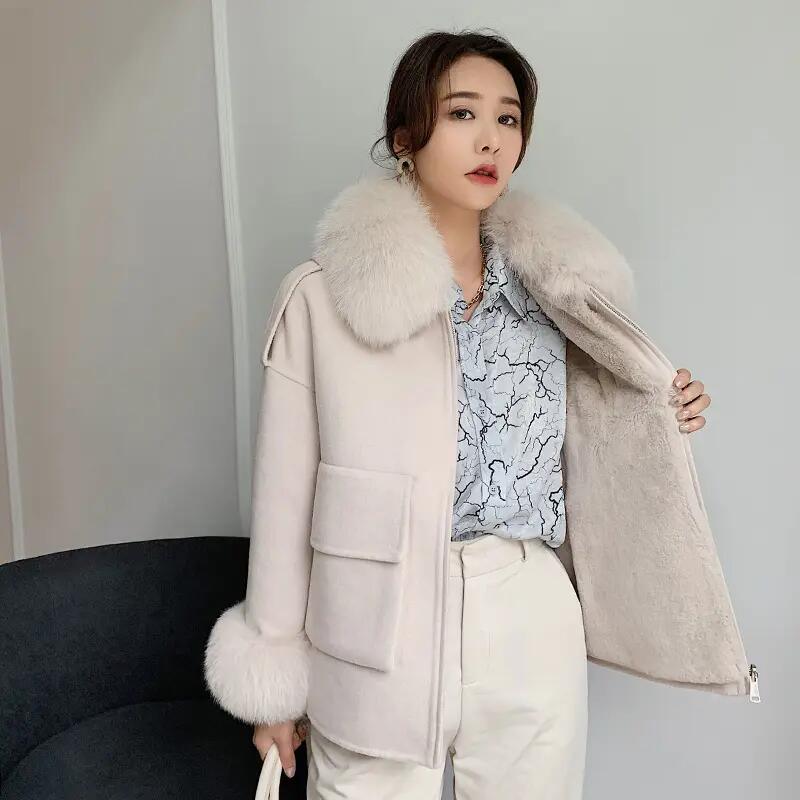 Korean Style Fall Winter Short Real Fox Fur Coat Women Genuine Wool Coat for Women with Fur Collar