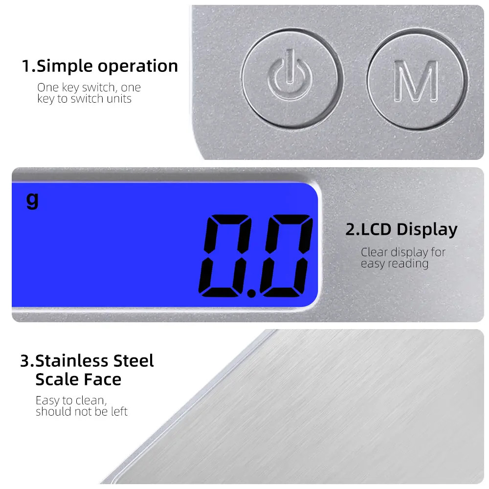 Digital Kitchen Scale 3kg/0.1g 500g/0.01g,1kg/0.1g,2kg/0.1g,3kg/0.1g Stainless Steel LCD Electric Electronic Gram