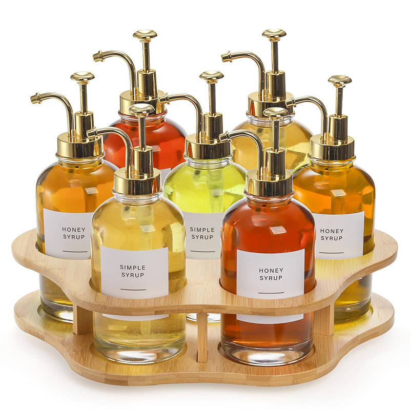 Single Tier Bamboo Rotating Coffee Syrup Organizer Rack 7 Bottles Holder Lazy Susan 33 x 35 x 8.7cm