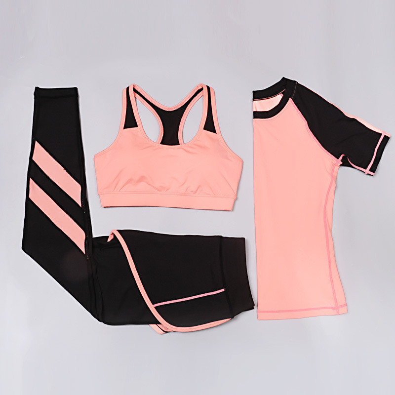 CPG Global 2017 Spring Summer Quick Dry 3 Pieces Set Stretched Bra Short Sleeves Sports Shirt with Yoga Pant T1028