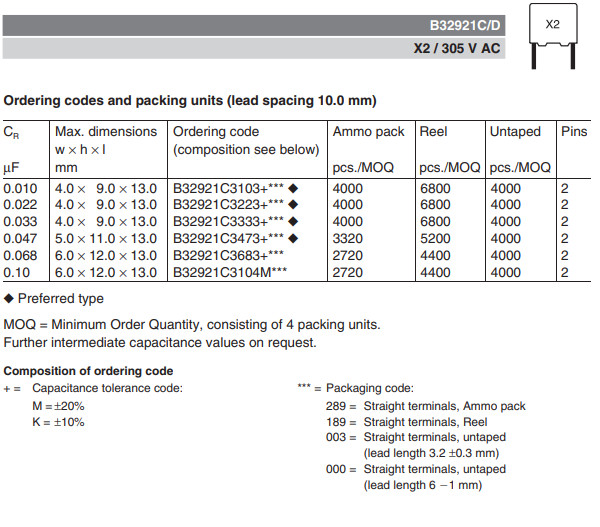 0.1uF EPCOS TDK EMI Suppression Capacitor 305V 630V B32921C3104M000