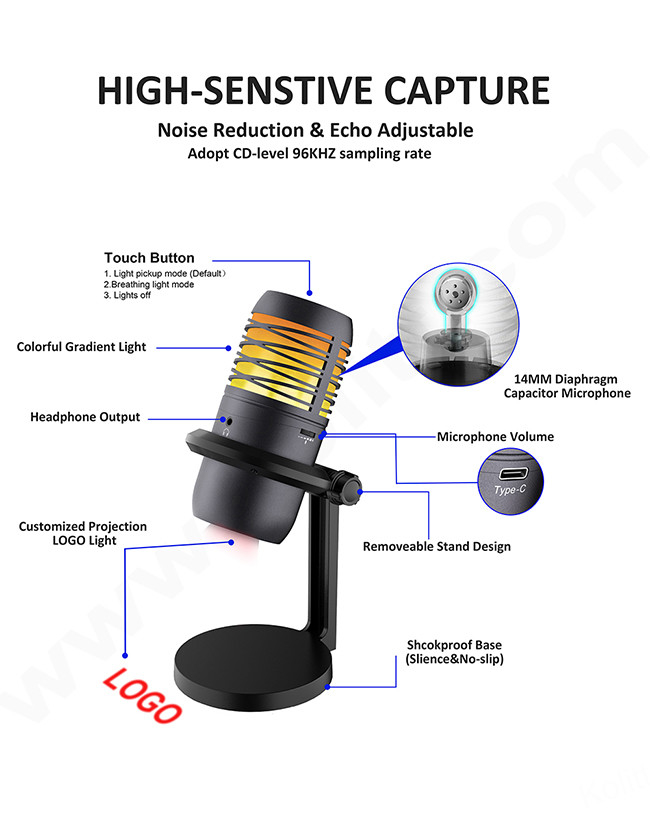 92khz 24bit Studio Cardioid Condenser Microphone with RGB Lighting