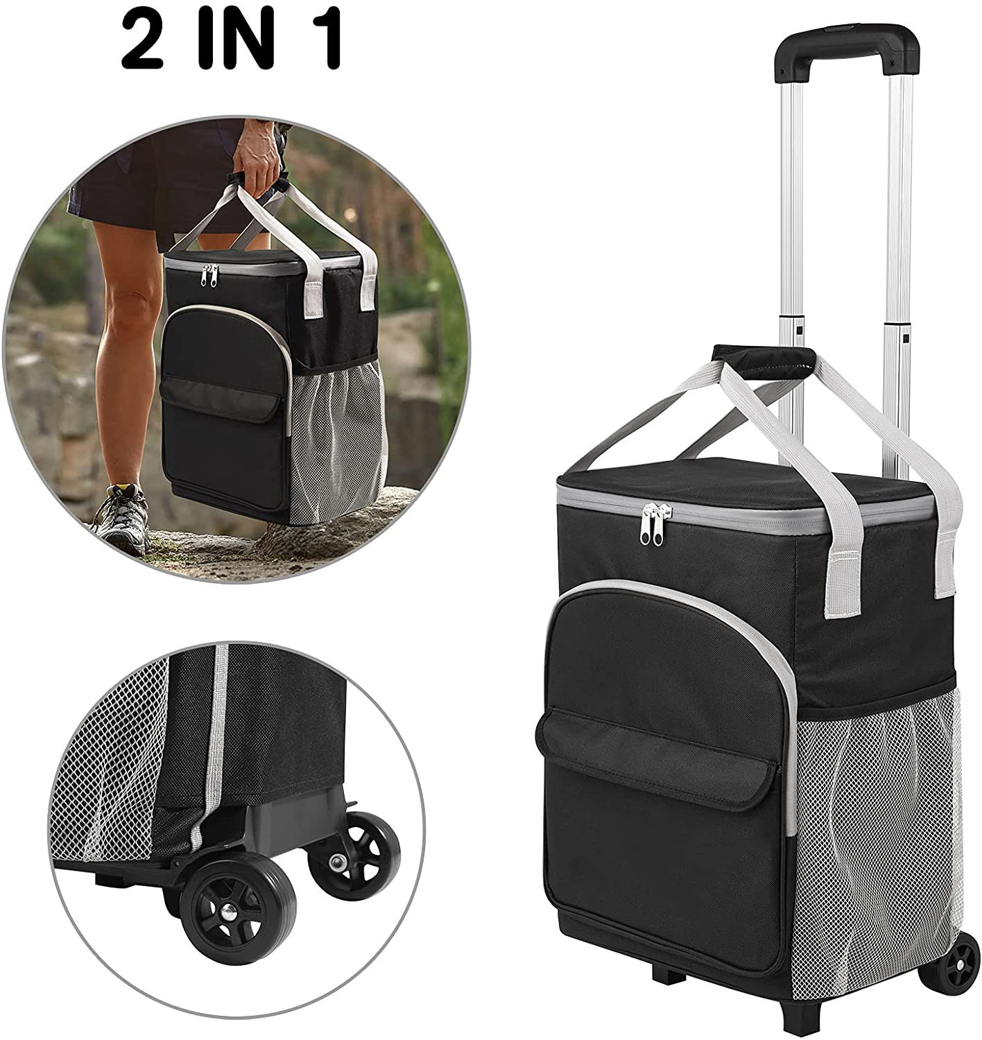 Picnic Insulated Trolley Cooler Bag With Wheels Cart Keep Cool Warm 2x8x15"