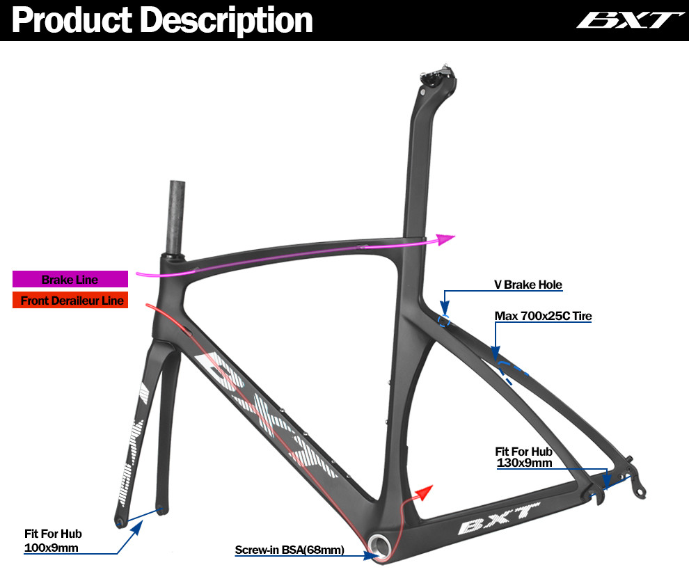 Rim Brake Road Bike Carbon Frame 700C V Brake Tire 25C 150kg Max Load