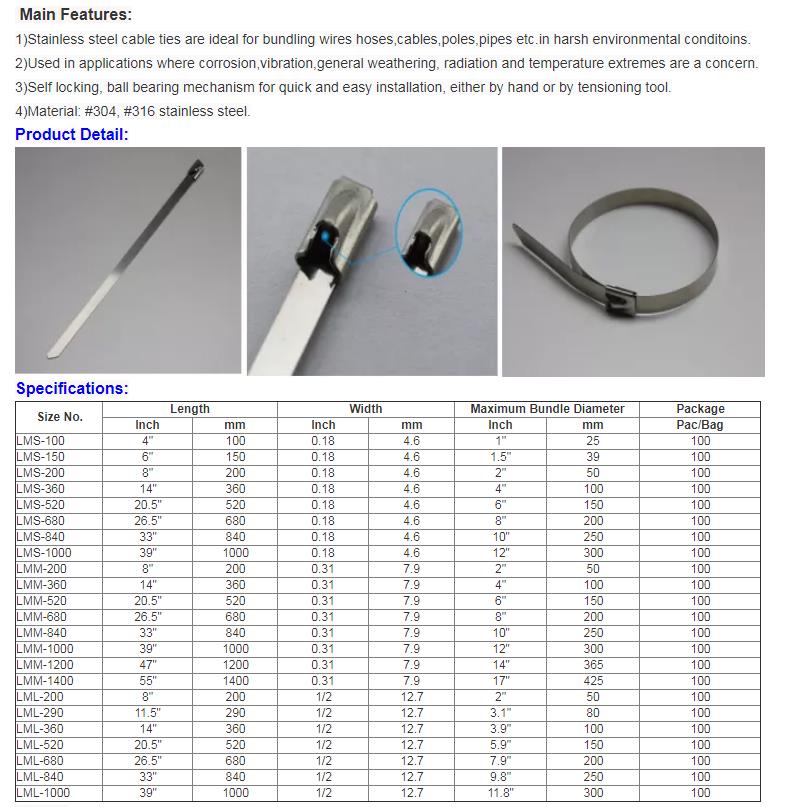 Heat-Resistant White Stainless Steel Cable Ties 304/316 Self-Locking Metal Zip Tie with 100% QC Passed Certification