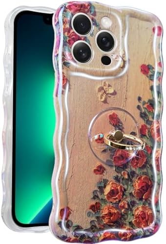 iPhone 12 Pro Max case Ring, Oil Painting flower Colorful retro flower cute curly wave frame Women's Girl phone case