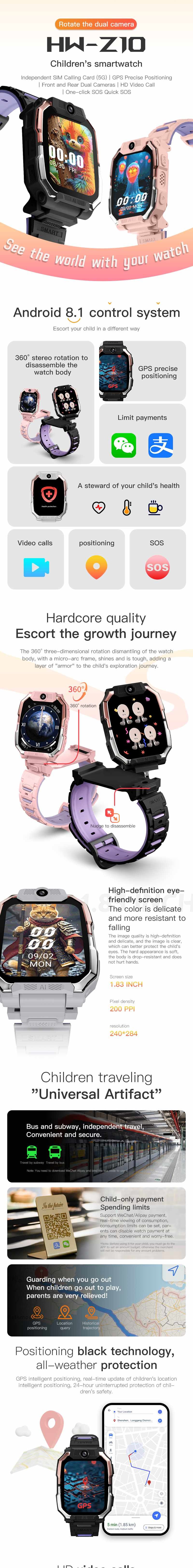 HW-Z10 Kids Smart Watch GPS Tracker 4G WIFI BT Call Gifts for Children IP67 Waterproof