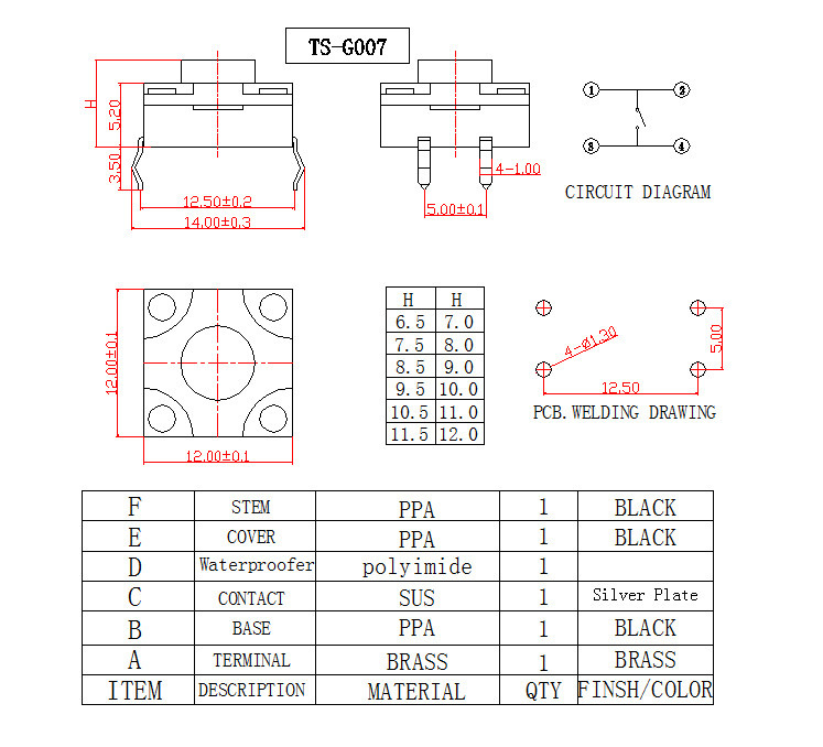 Black Thru Hole Waterproof Tactile Switch / Momentary Push Button Switch