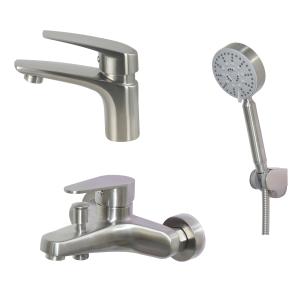 China Commercial stainless stee brush finished wall-mounted hotel bathroom bathroom shower sets wash basin faucet set wholesale