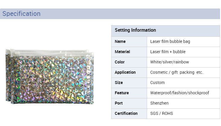 Manufacturer design zip lock zipper laser film bubble bag shockproof holographic bubble mailers bag for cosmetic / jewelry