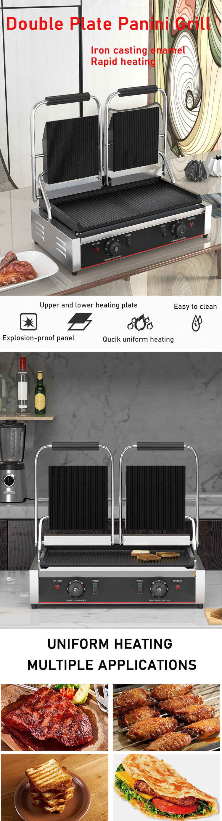 Industrial Double Heads Electric Panini Contact Grill Sandwich Press with Private Mold
