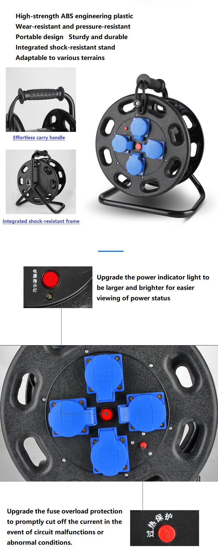 Customized Sockets Cable Reel Retractable 100m 50m 40m 25m Extension Cord Reel For Duty Use