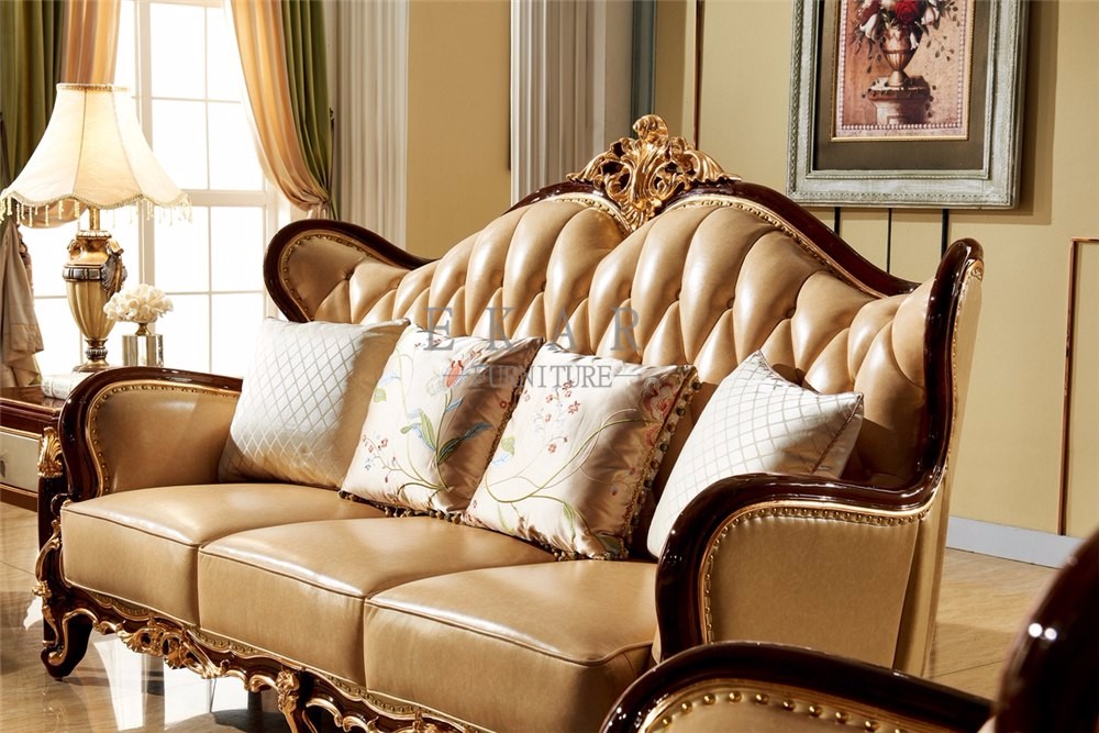 Living Room Luxury Wooden Frame Leather Sofa Set