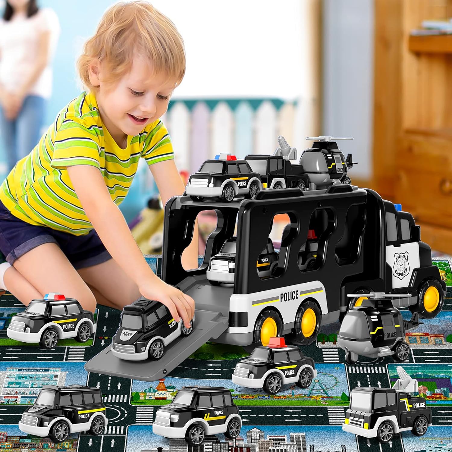 Friction Power Toy Car 7 in 1 Police Truck Toys for Toddlers 3-5 Years Old Scale 1 18