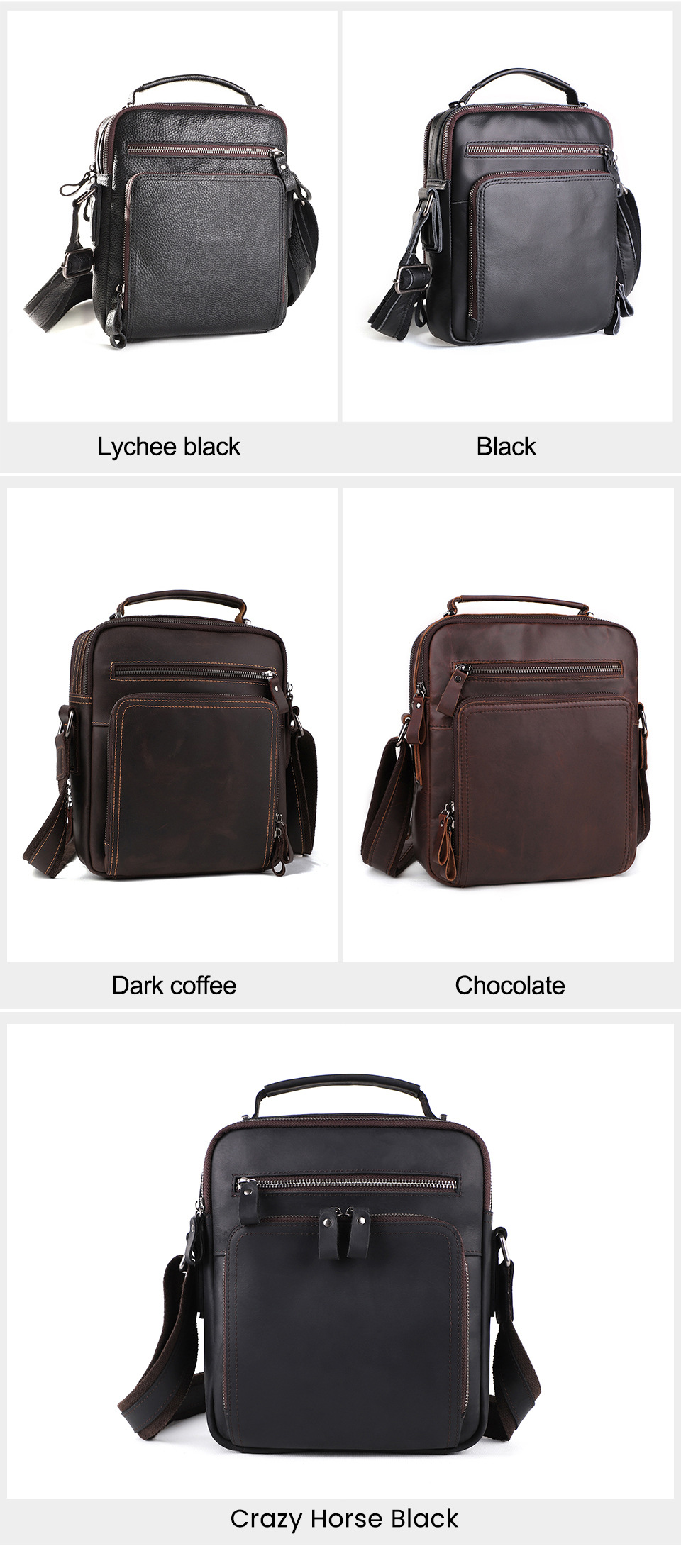 9.7 Inch Genuine Leather Men's Shoulder Messenger Bag with Multiple Pockets and No Decoration