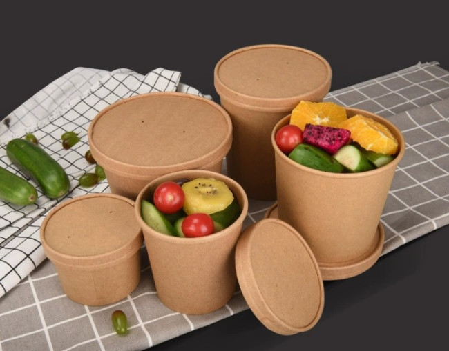 Brown Disposable Paper Soup Bowl Takeout Round Paper Soup Cup With Lids