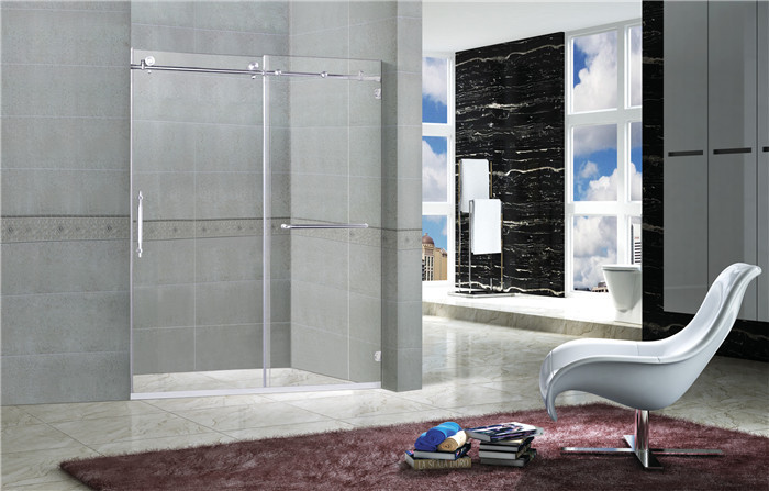 Clear / Printed Tempered Frameless Sliding Glass Doors With Stainless Steel Towel Bar