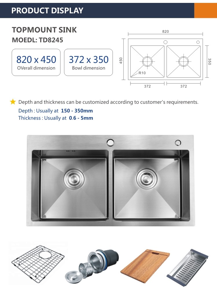 Topmount Stainless Steel Kitchen Sink Cabinet Double Bowl 16 Gauge 82x45