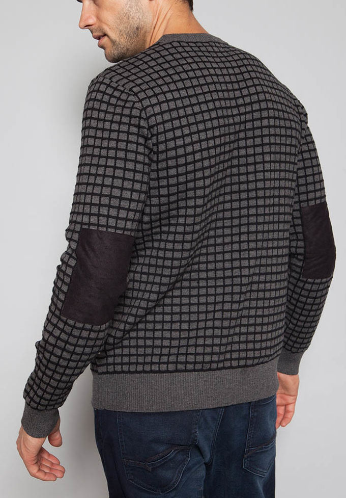 Half Merino Wool / Cotton Intarsia Knit Sweater , Small Check Men'S Polo Pullover Sweater