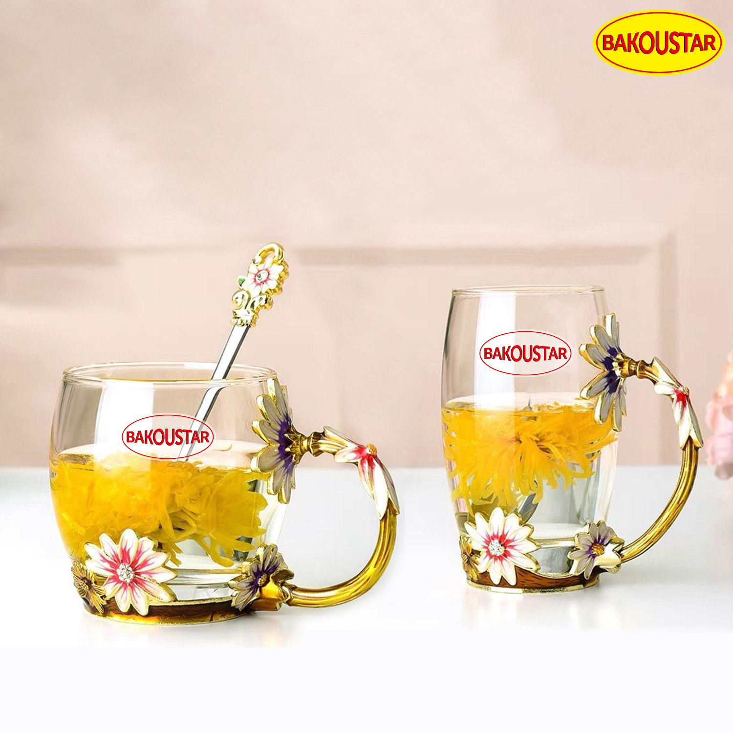 330ml 350ml Decorated Enamel Glass Cup BPA Free With Spoon