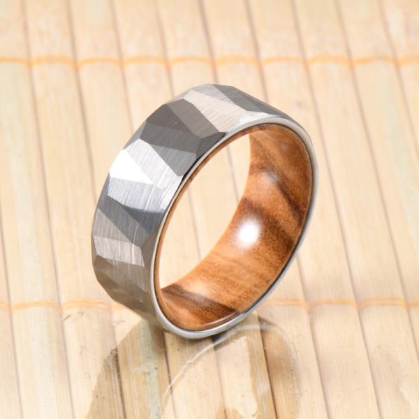 Sample Making Service Provided 8mm Faceted Silver Black Wedding Band Olive Wood Sleeve Inlay Tungsten Ring for Men Women