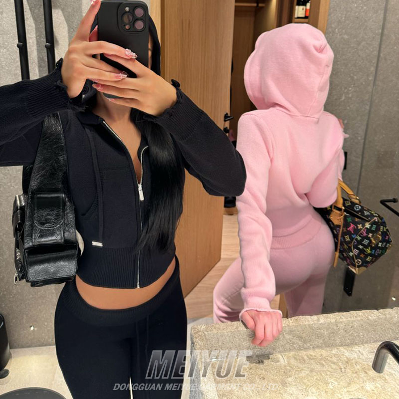 Crop Top Zipper Hoodie Womens Tracksuit Set Jogging Suits Silk Screen Printing