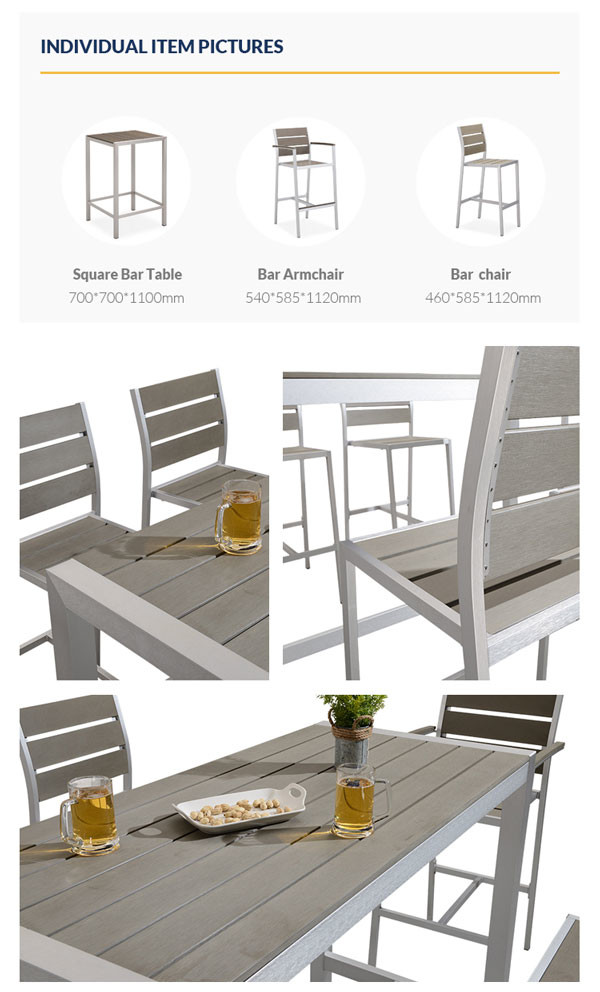 7 Piece Bistro Bar Table And Stools Aluminum Frame Wood Surface UV Resistant