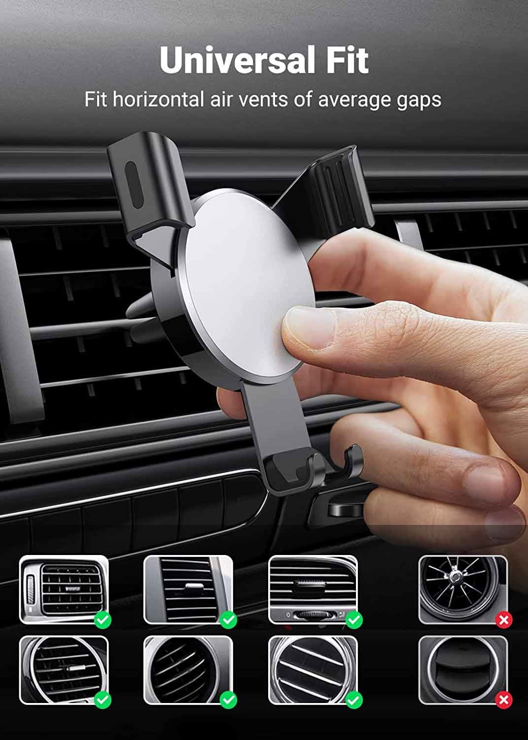 360 Degrees Rotation Air Vent Mount Phone Holder Auto Lock Gravity 85mm