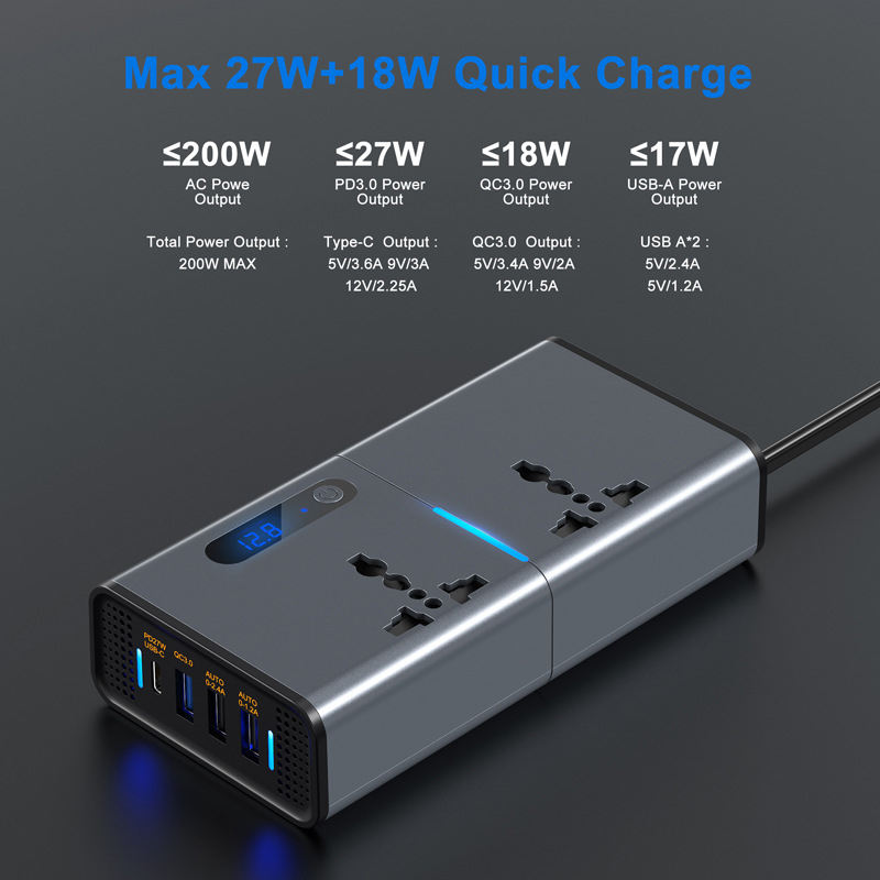 200W Electric Dc To Ac Power Inverter For Car 200W Usb Fast Charging 12V Dc To 220V Ac Power Car Inverter