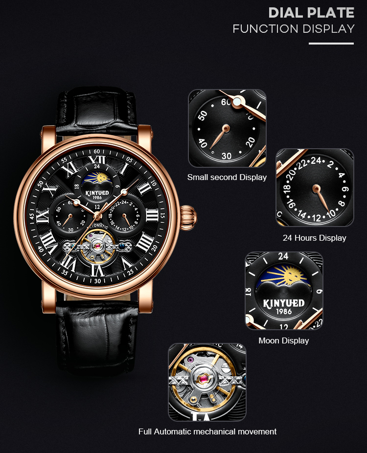 KINYUED mans watches custom logo wholesale luxury luminous hands automatic tourbillon watch mechanical