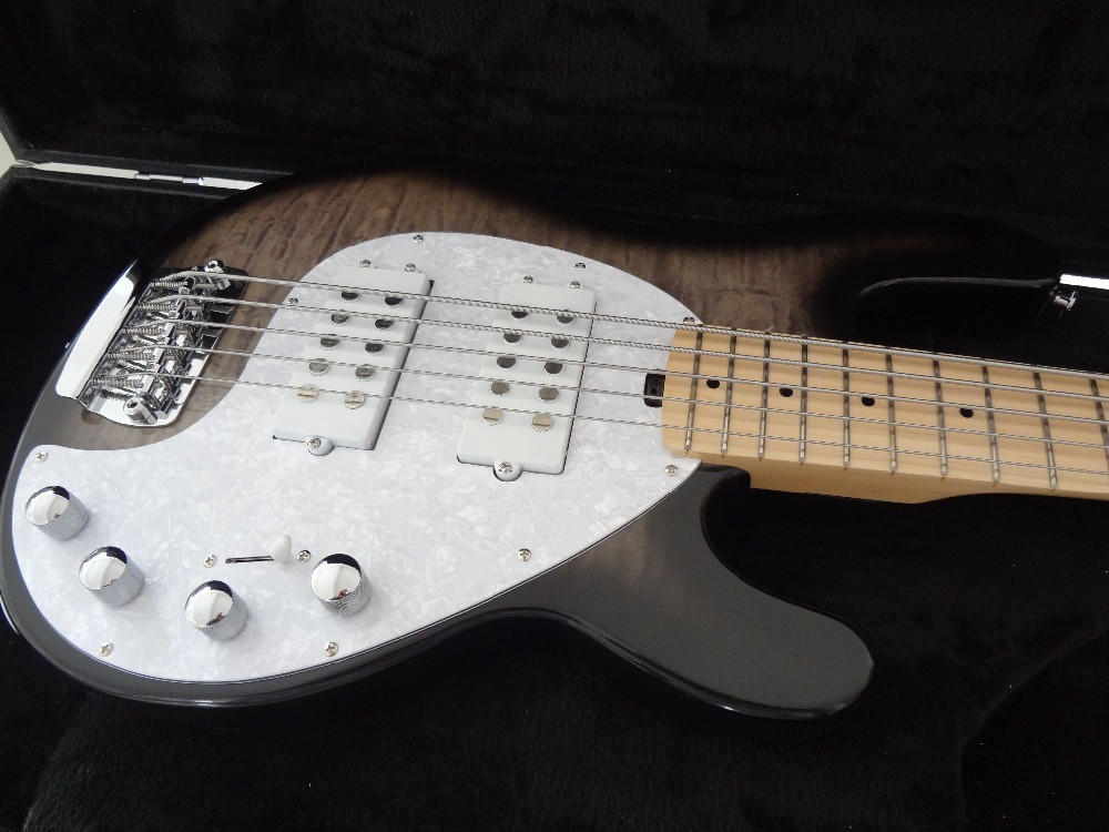 5 string bass guitar Erine ball sting ray 5 Gray quilted maple body maple neck and fingerboard
