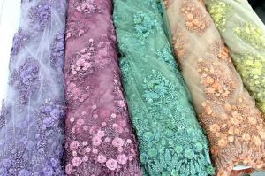 China 3D Floral Beaded Embroidered Lace Fabric For Evening Dresses 120 CM Width wholesale