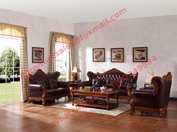 European Classic Solid Wooden Carving Frame with Italy Leather Upholstery Sofa