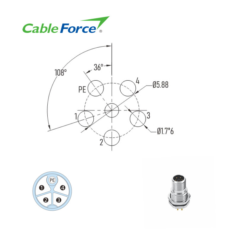 16DC Power Male Panel M12 T Connector Front Side Fastening With PCB Contacts PG9